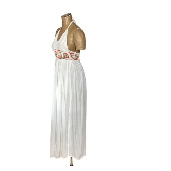 Earthbound BOHO Beachy White Halter Midi/Maxi Dress Crochet & Gauze 266A - Picture 3 of 8